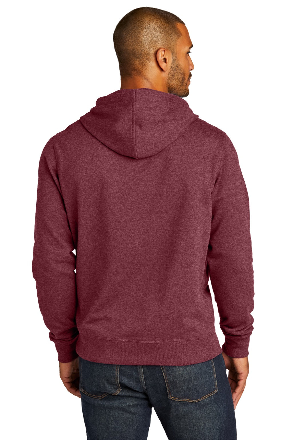District DT8100 Mens Re-Fleece Hooded Sweatshirt Hoodie w/ Pouch Pocket Heather Maroon Model Back