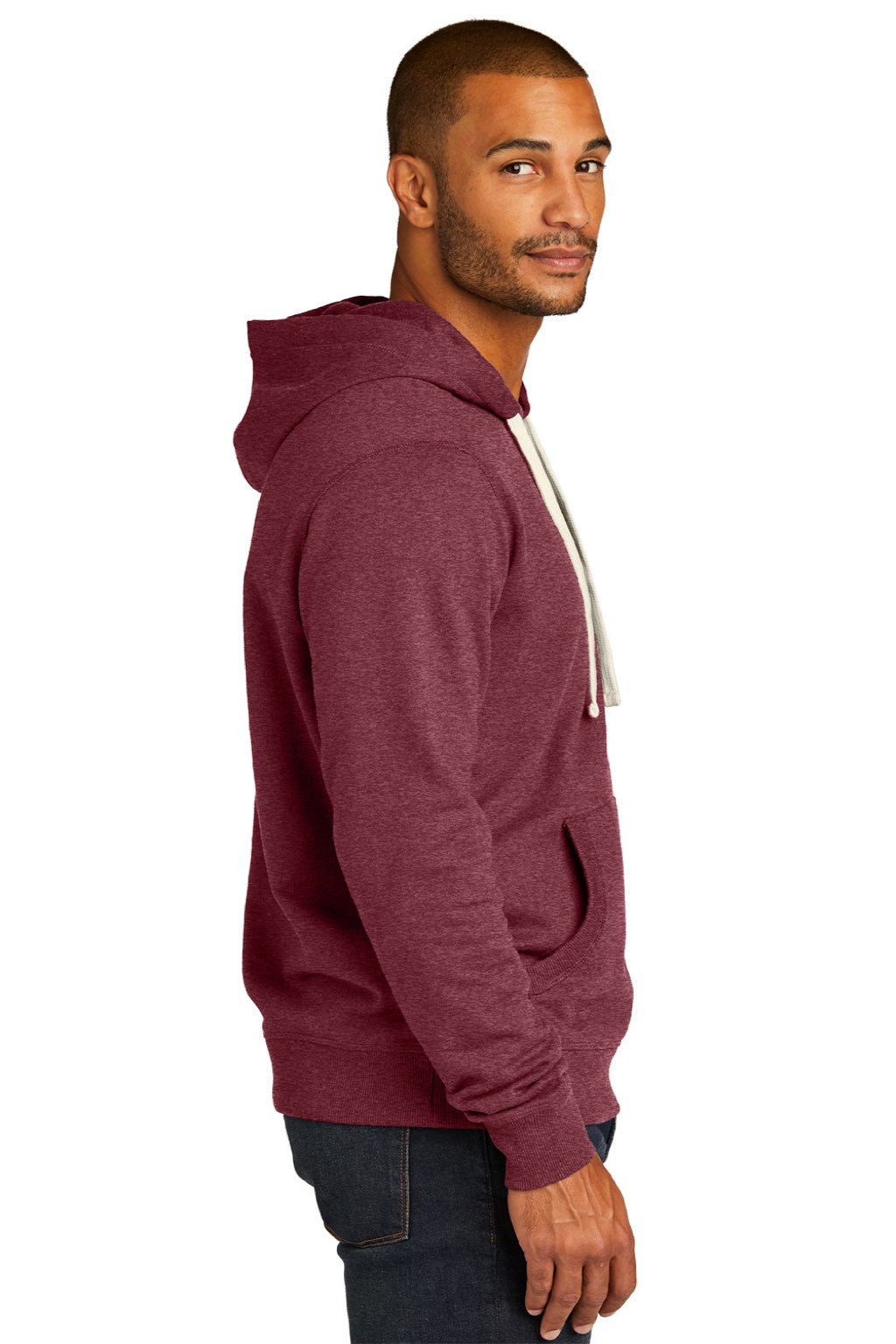 District DT8100 Mens Re-Fleece Hooded Sweatshirt Hoodie w/ Pouch Pocket Heather Maroon Model Side