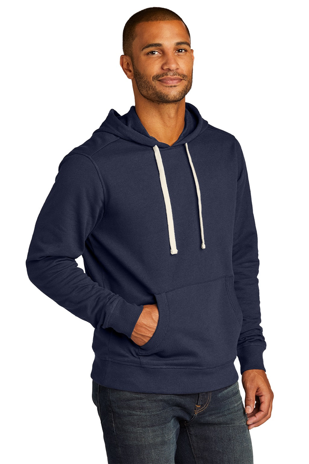 District DT8100 Mens Re-Fleece Hooded Sweatshirt Hoodie w/ Pouch Pocket True Navy Blue Model 3q