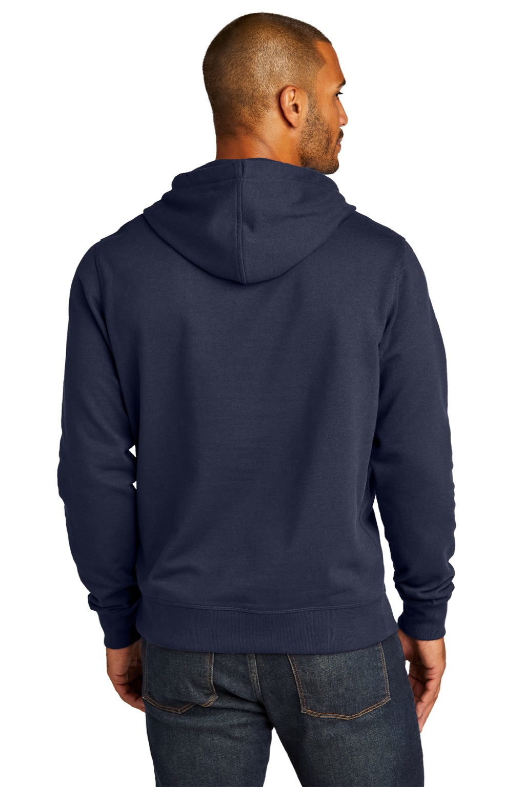 District DT8100 Mens Re-Fleece Hooded Sweatshirt Hoodie w/ Pouch Pocket True Navy Blue Model Back