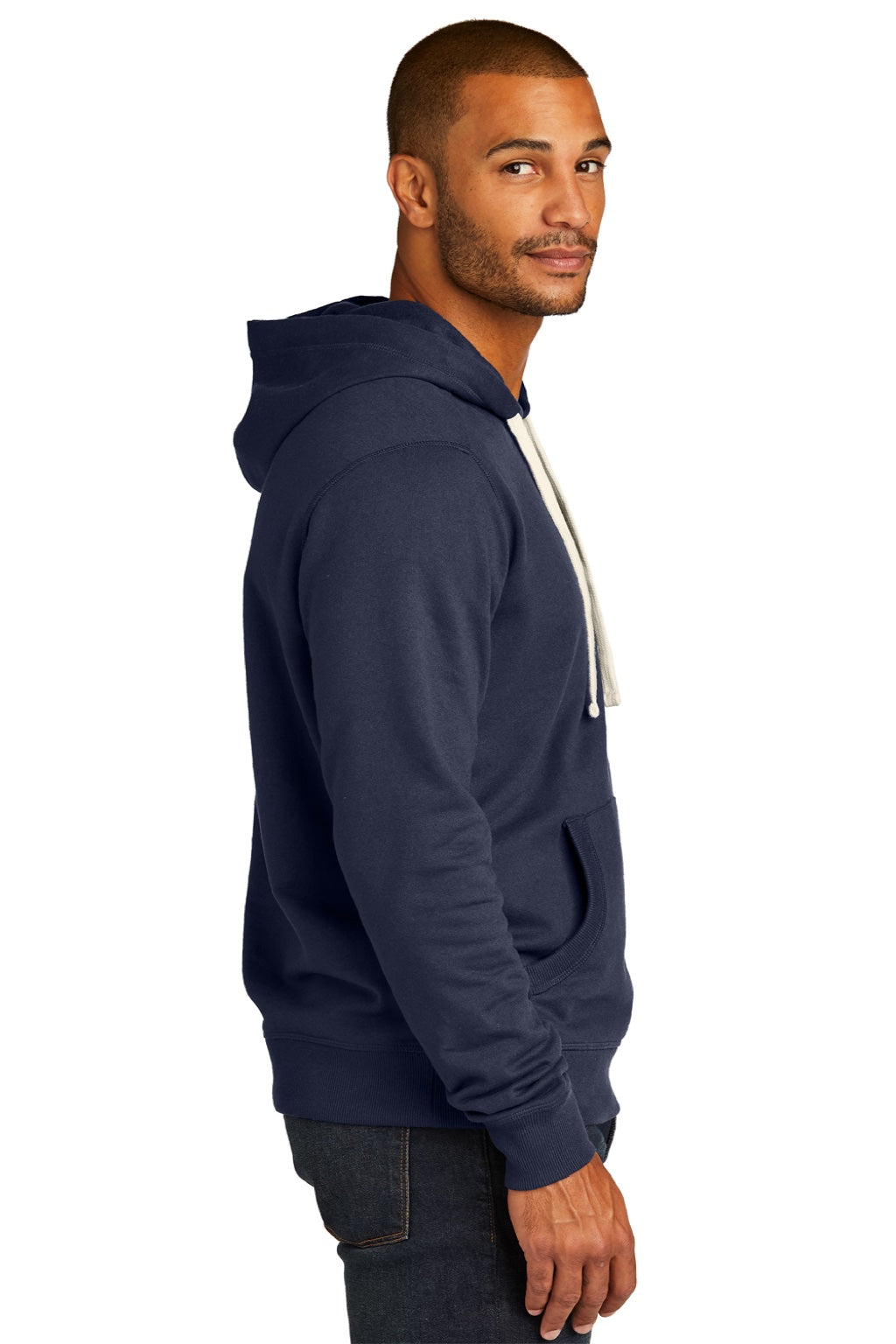 District DT8100 Mens Re-Fleece Hooded Sweatshirt Hoodie w/ Pouch Pocket True Navy Blue Model Side
