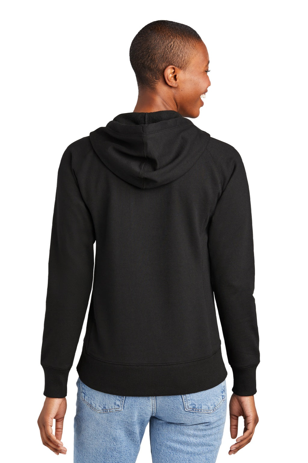 District DT8101 Womens Re-Fleece Hooded Sweatshirt Hoodie w/ Pouch Pocket Black Model Back