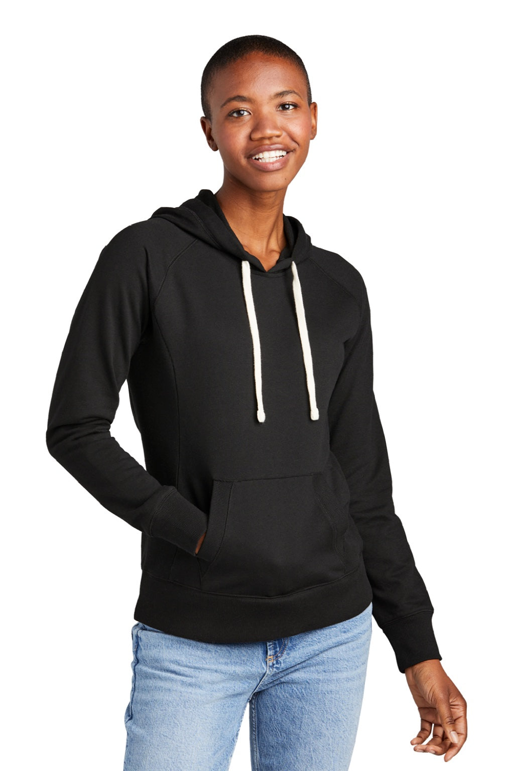 District DT8101 Womens Re-Fleece Hooded Sweatshirt Hoodie w/ Pouch Pocket Black Model Front