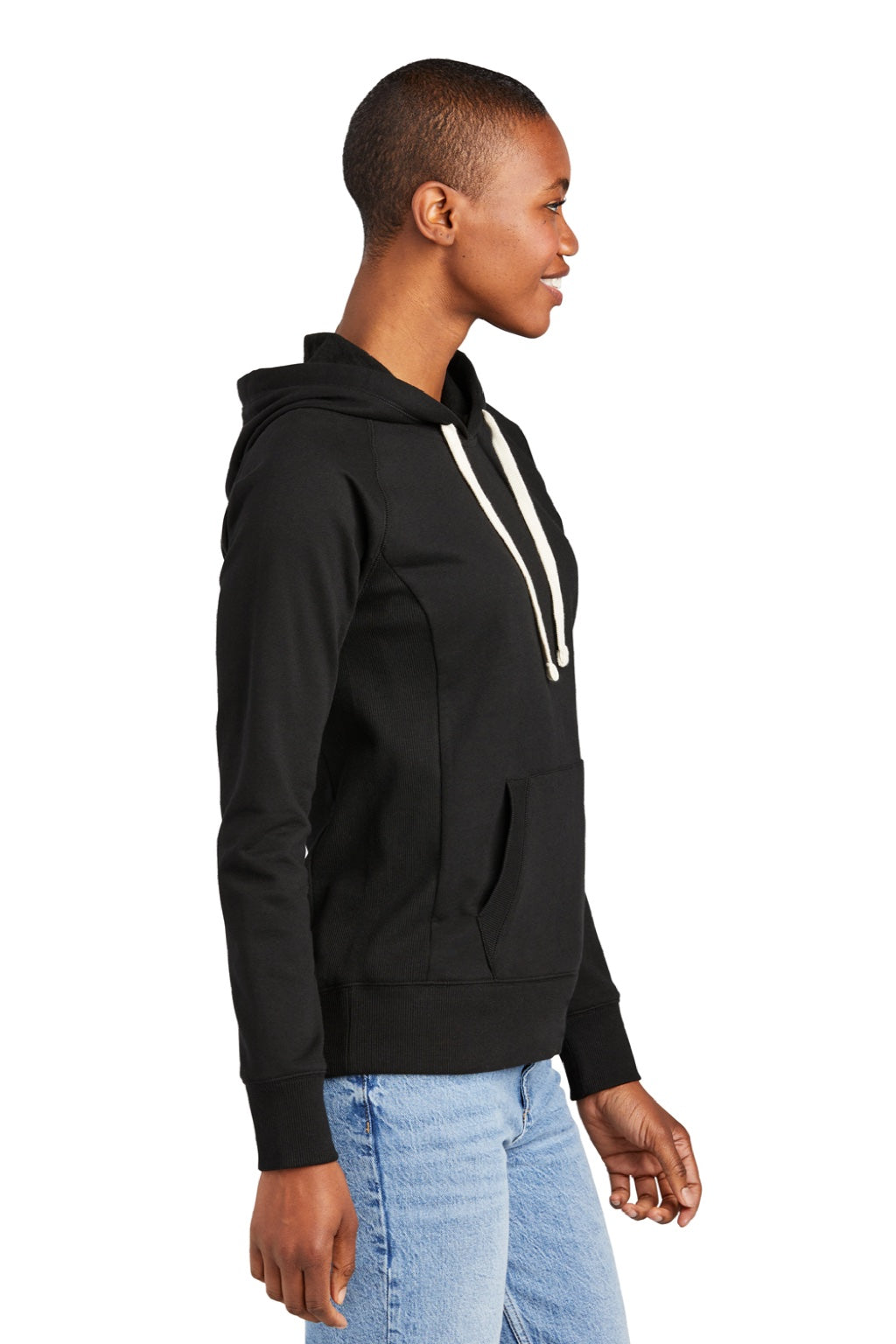 District DT8101 Womens Re-Fleece Hooded Sweatshirt Hoodie w/ Pouch Pocket Black Model Side