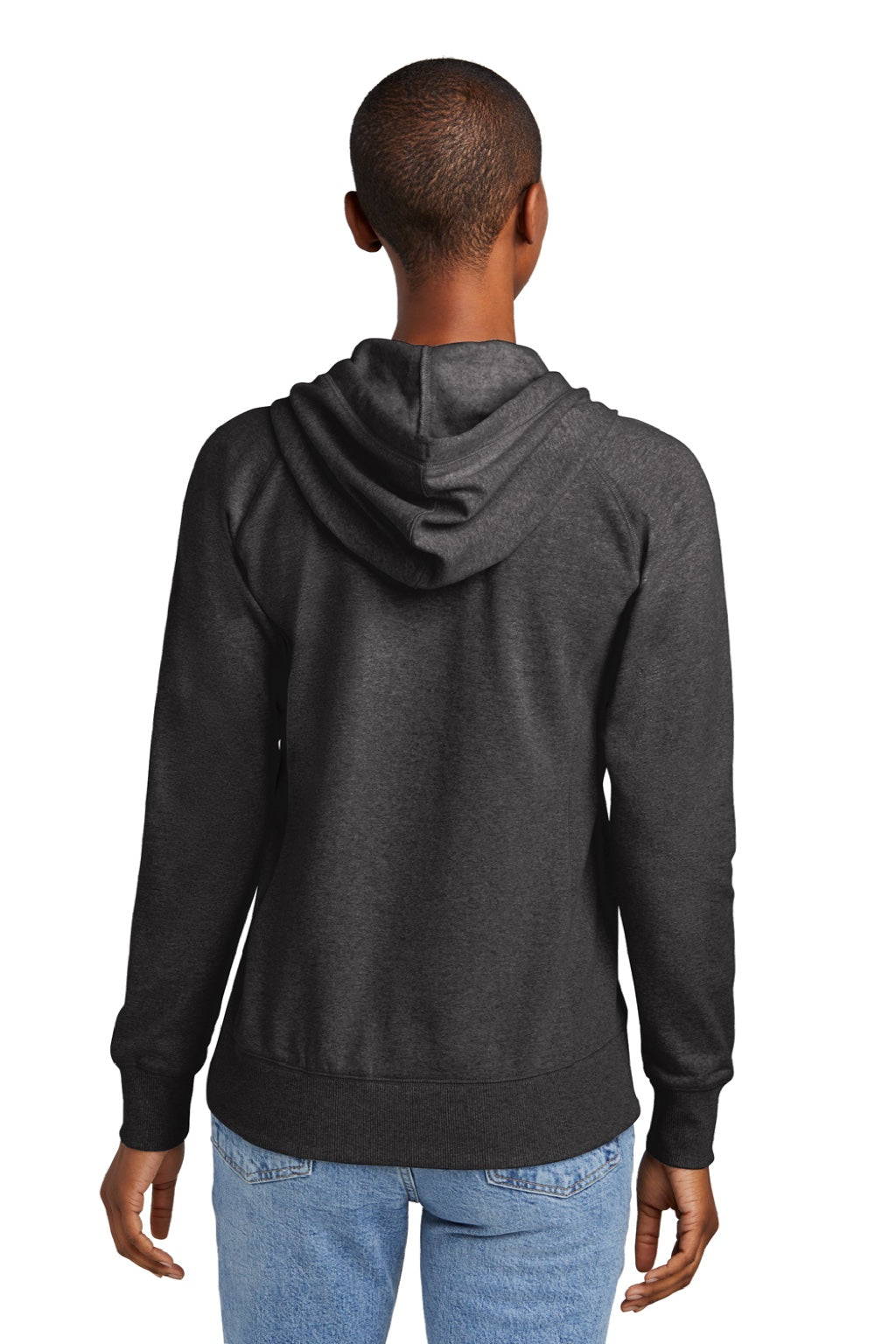 District DT8101 Womens Re-Fleece Hooded Sweatshirt Hoodie w/ Pouch Pocket Heather Charcoal Grey Model Back