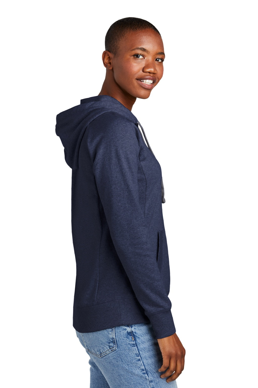 District DT8101 Womens Re-Fleece Hooded Sweatshirt Hoodie w/ Pouch Pocket Heather Navy Blue Model Side