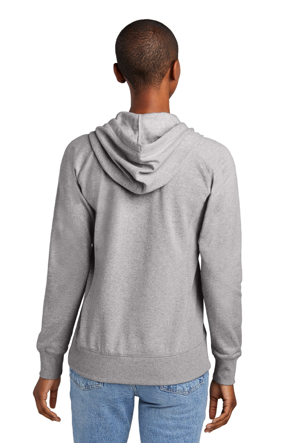 District DT8101 Womens Re-Fleece Hooded Sweatshirt Hoodie w/ Pouch Pocket Heather Light Grey Model Back