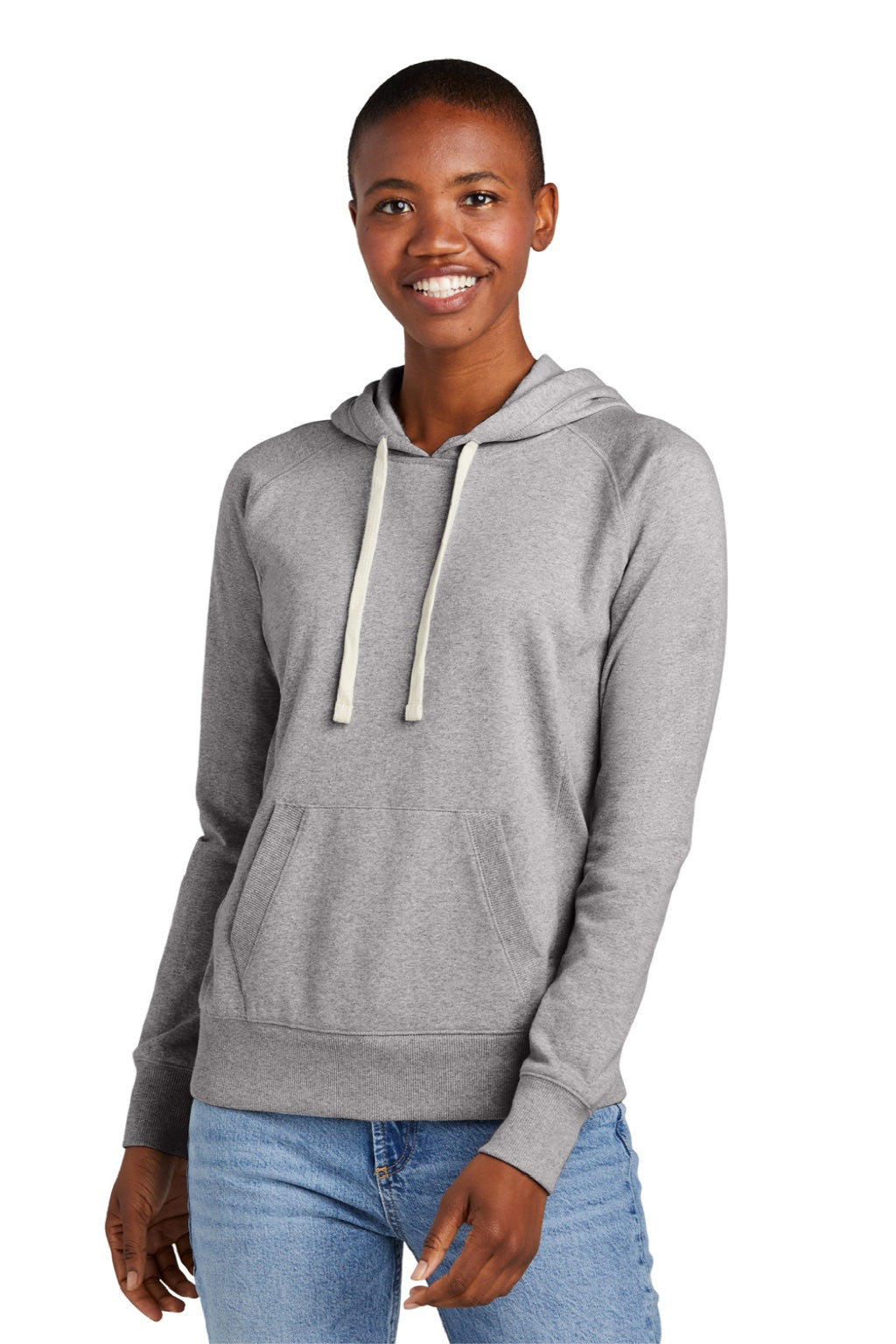District DT8101 Womens Re-Fleece Hooded Sweatshirt Hoodie w/ Pouch Pocket Heather Light Grey Model Front