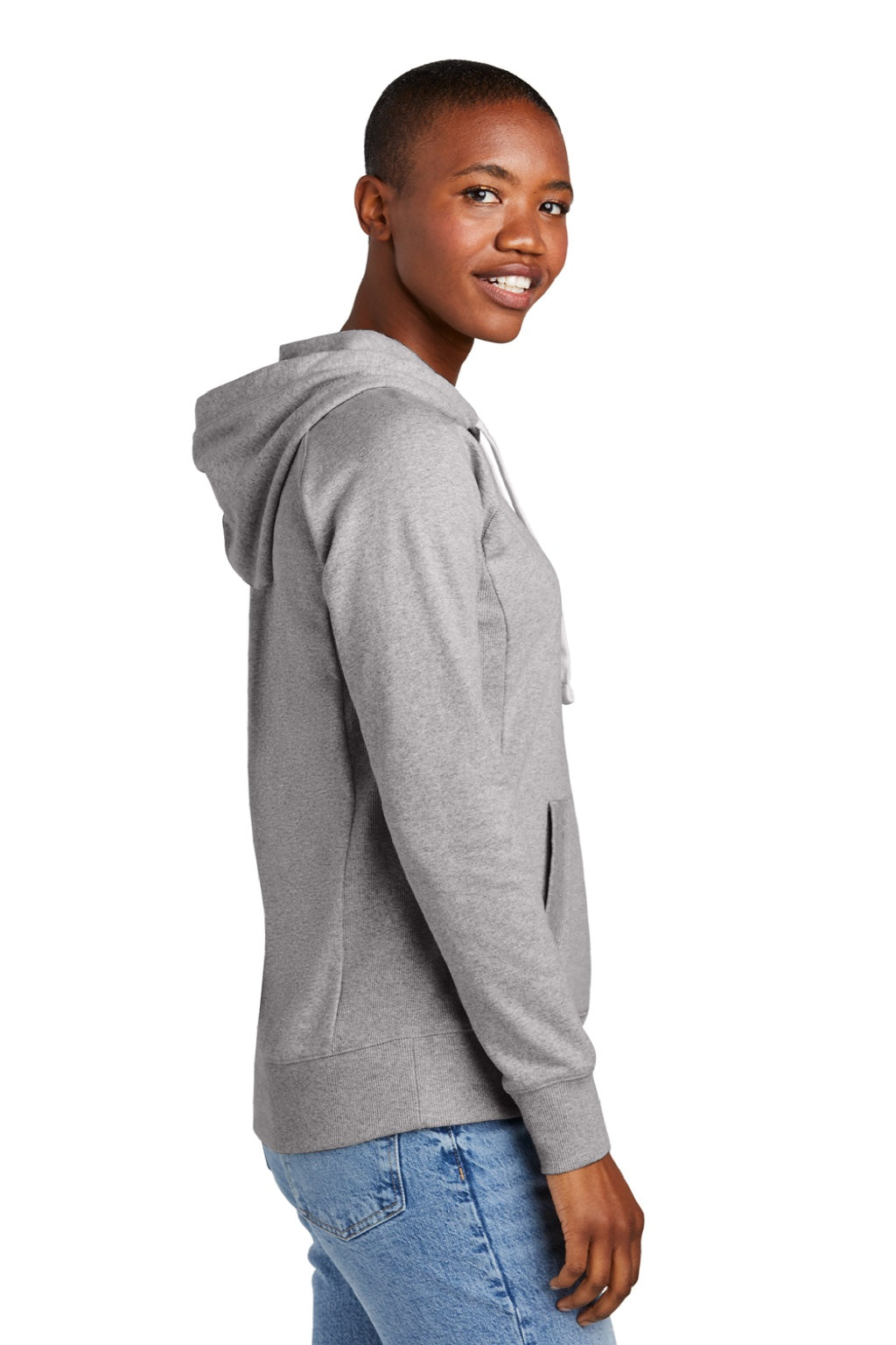 District DT8101 Womens Re-Fleece Hooded Sweatshirt Hoodie w/ Pouch Pocket Heather Light Grey Model Side