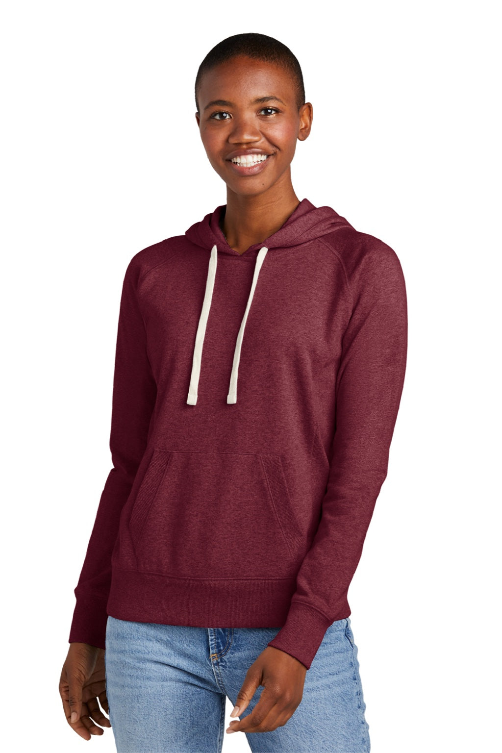 District DT8101 Womens Re-Fleece Hooded Sweatshirt Hoodie w/ Pouch Pocket Heather Maroon Model Front
