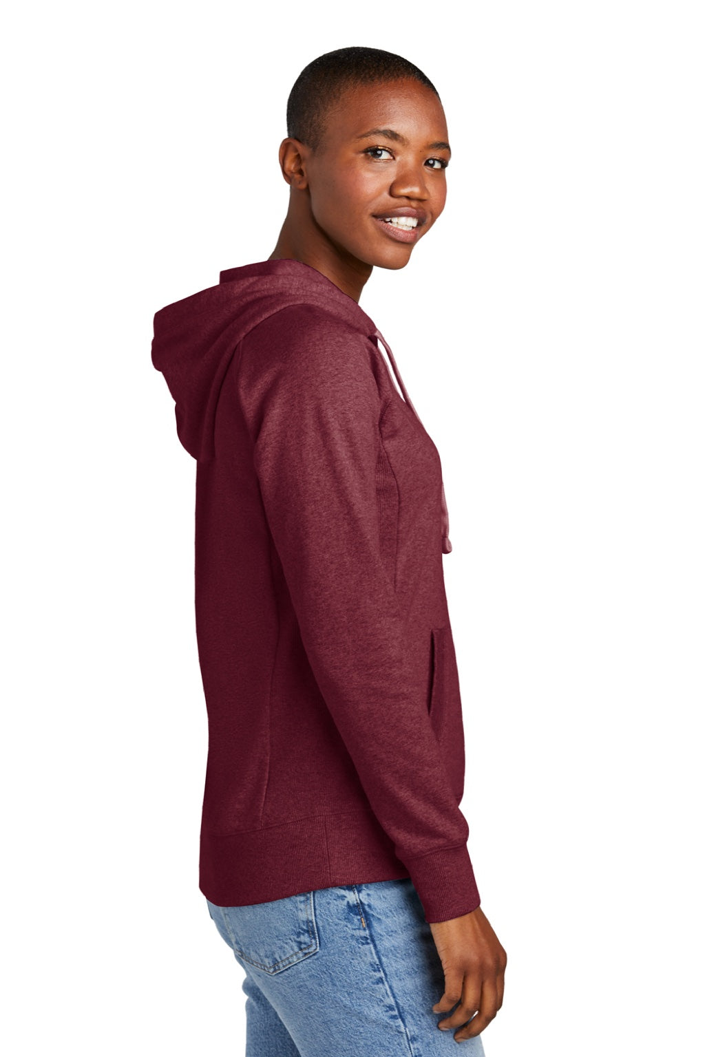 District DT8101 Womens Re-Fleece Hooded Sweatshirt Hoodie w/ Pouch Pocket Heather Maroon Model Side