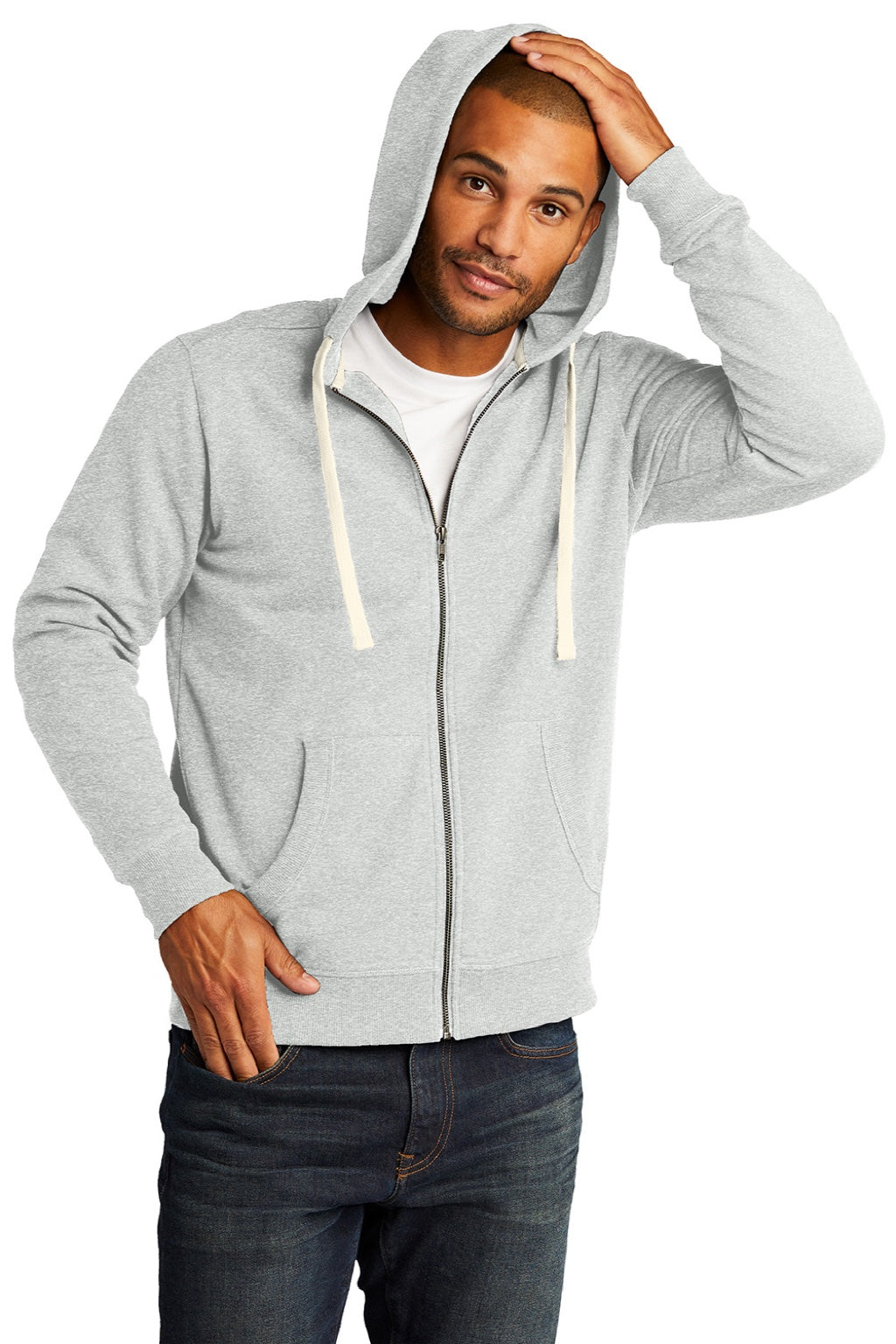 District DT8102 Mens Re-Fleece Full Zip Hooded Sweatshirt Hoodie w/ Pockets Ash Grey Model Side