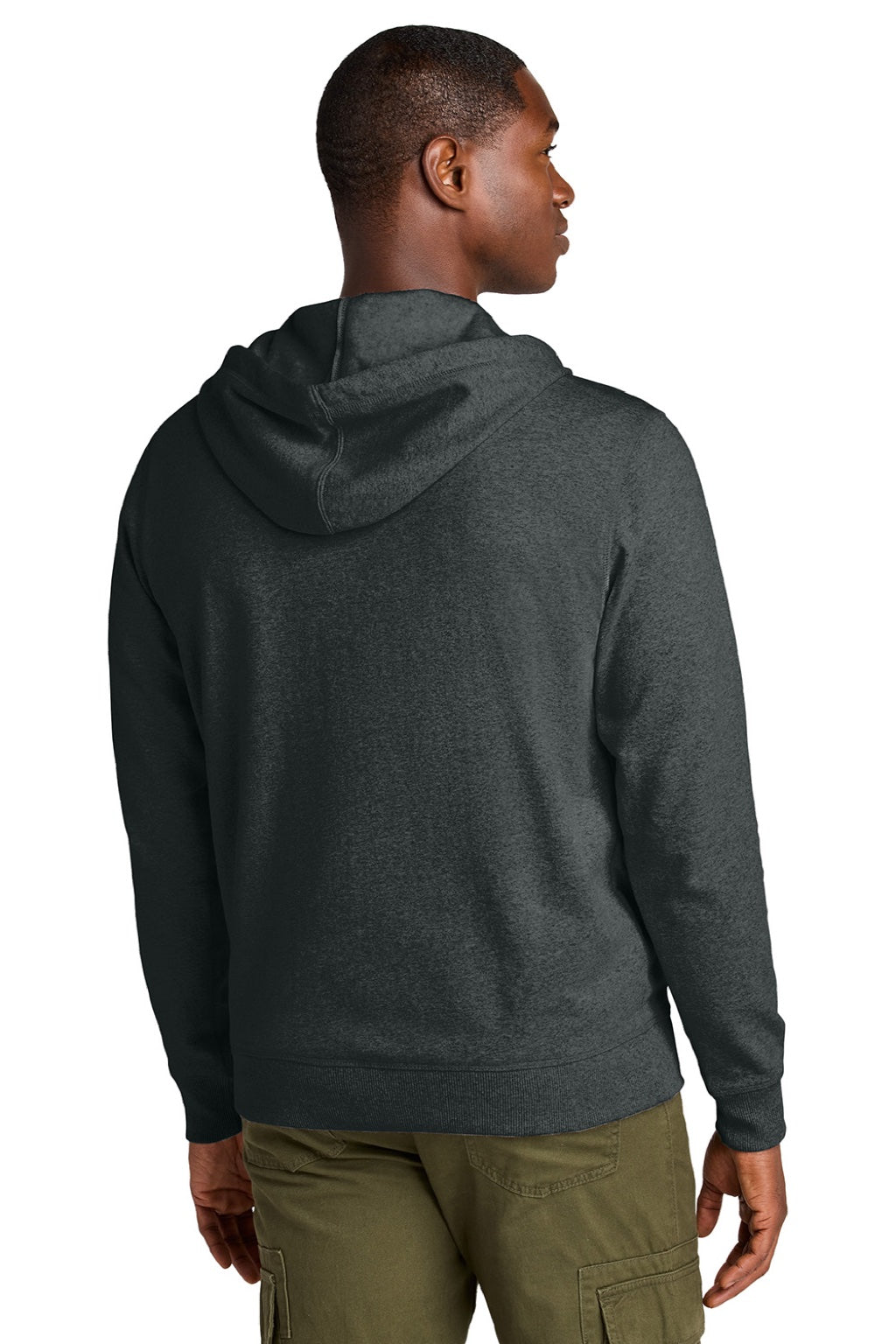 District DT8102 Mens Re-Fleece Full Zip Hooded Sweatshirt Hoodie w/ Pockets Heather Charcoal Grey Model Back