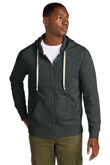 District DT8102 Mens Re-Fleece Full Zip Hooded Sweatshirt Hoodie w/ Pockets Heather Charcoal Grey Model Front
