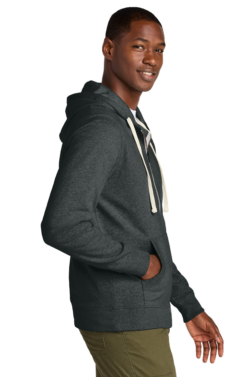 District DT8102 Mens Re-Fleece Full Zip Hooded Sweatshirt Hoodie w/ Pockets Heather Charcoal Grey Model Side
