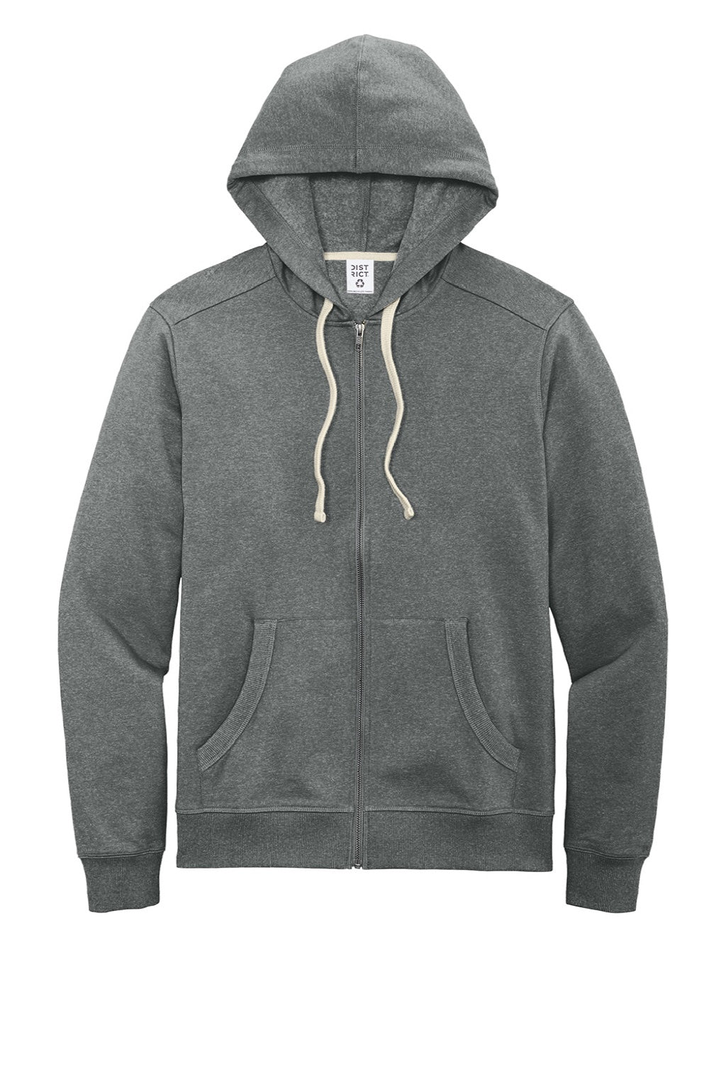 District DT8102 Mens Re-Fleece Full Zip Hooded Sweatshirt Hoodie w/ Pockets Heather Deep Grey Flat Front