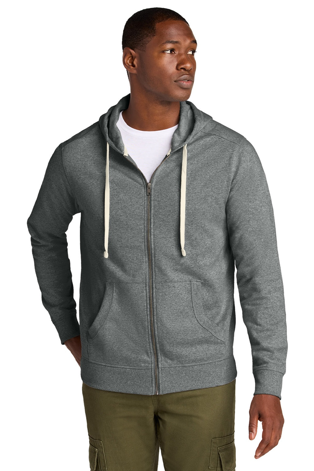 District DT8102 Mens Re-Fleece Full Zip Hooded Sweatshirt Hoodie w/ Pockets Heather Deep Grey Model Front
