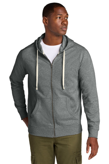 District DT8102 Mens Re-Fleece Full Zip Hooded Sweatshirt Hoodie w/ Pockets Heather Deep Grey Model Front
