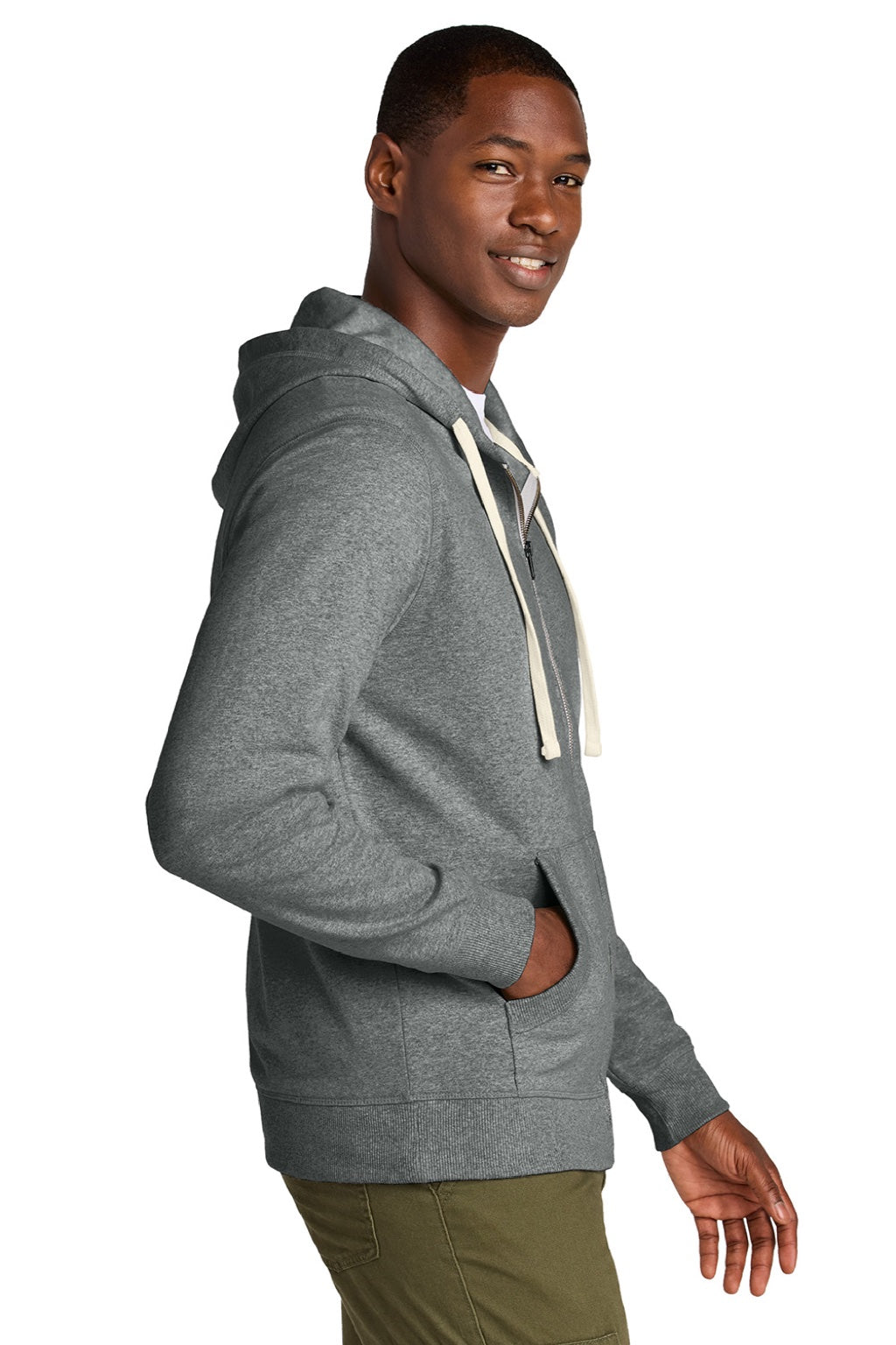 District DT8102 Mens Re-Fleece Full Zip Hooded Sweatshirt Hoodie w/ Pockets Heather Deep Grey Model Side