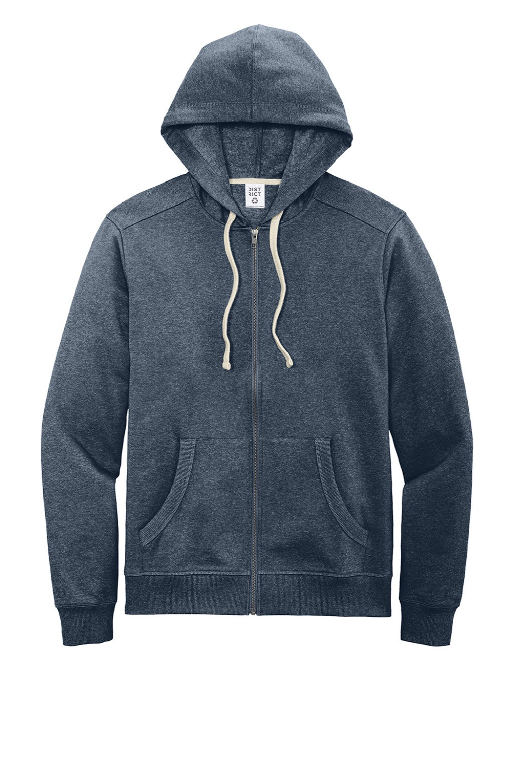 District DT8102 Mens Re-Fleece Full Zip Hooded Sweatshirt Hoodie w/ Pockets Heather Navy Blue Flat Front