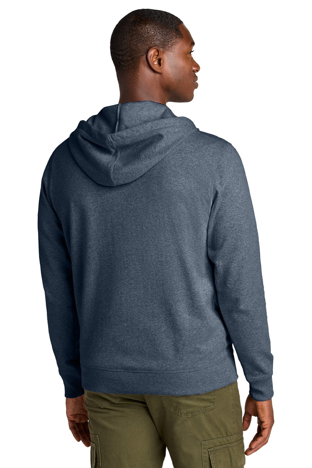 District DT8102 Mens Re-Fleece Full Zip Hooded Sweatshirt Hoodie w/ Pockets Heather Navy Blue Model Back