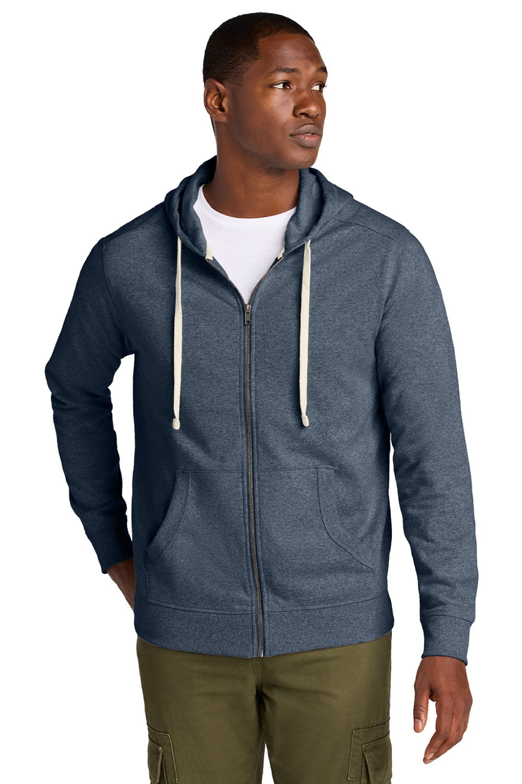 District DT8102 Mens Re-Fleece Full Zip Hooded Sweatshirt Hoodie w/ Pockets Heather Navy Blue Model Front