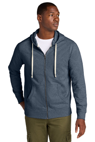 District DT8102 Mens Re-Fleece Full Zip Hooded Sweatshirt Hoodie w/ Pockets Heather Navy Blue Model Front