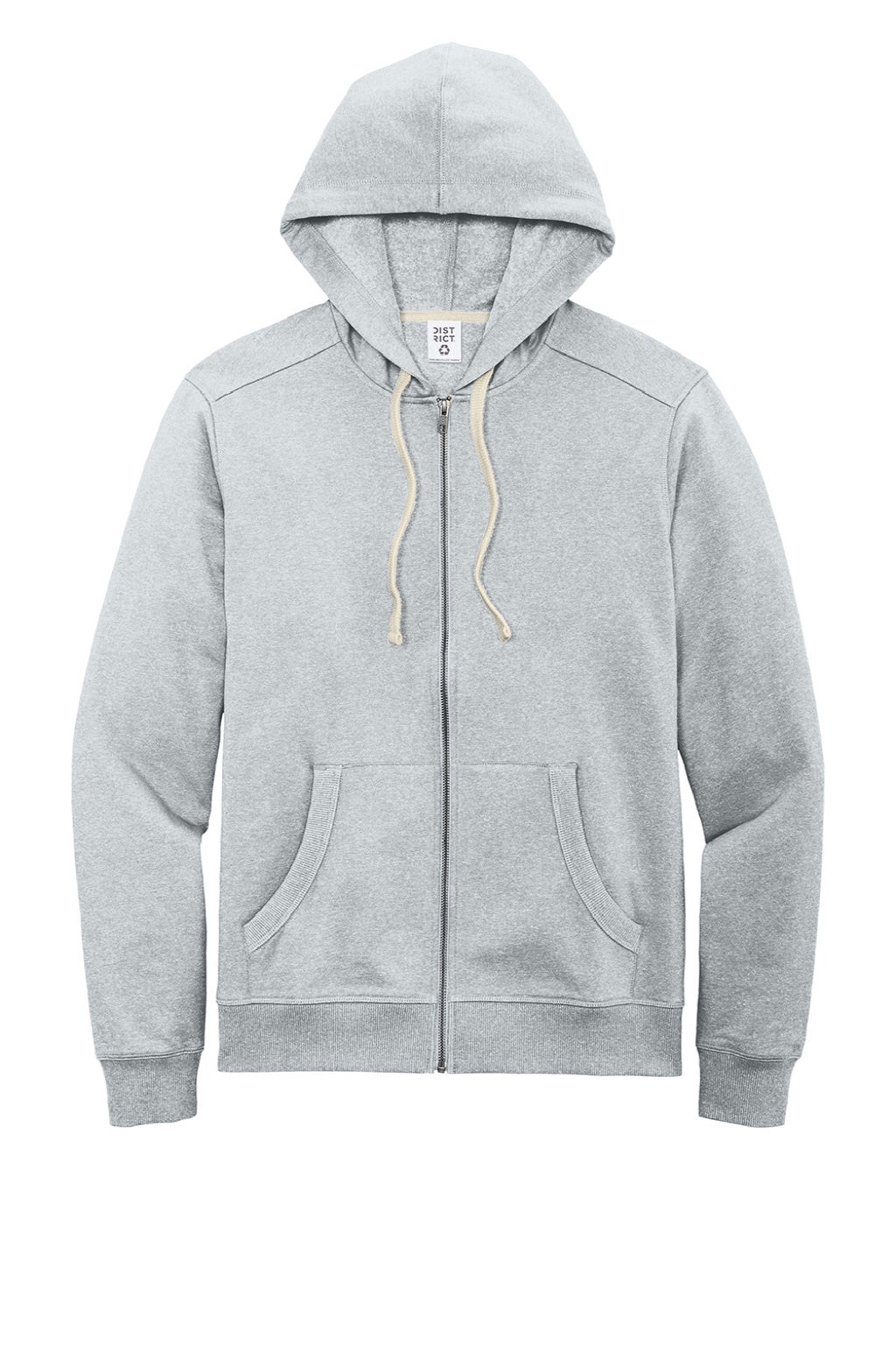 District DT8102 Mens Re-Fleece Full Zip Hooded Sweatshirt Hoodie w/ Pockets Heather Light Grey Flat Front