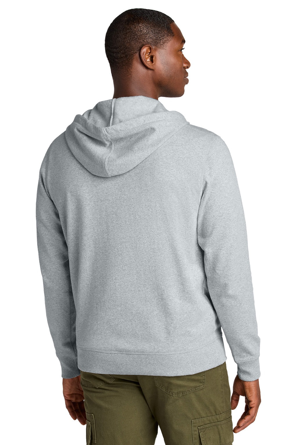 District DT8102 Mens Re-Fleece Full Zip Hooded Sweatshirt Hoodie w/ Pockets Heather Light Grey Model Back