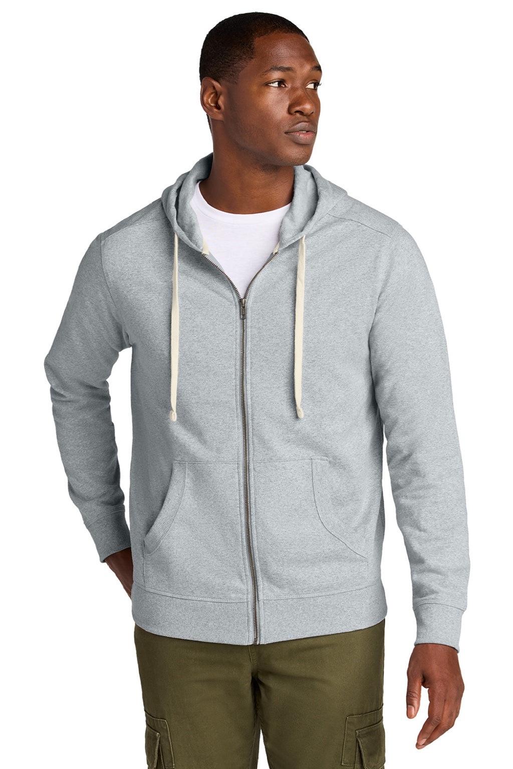 District DT8102 Mens Re-Fleece Full Zip Hooded Sweatshirt Hoodie w/ Pockets Heather Light Grey Model Front