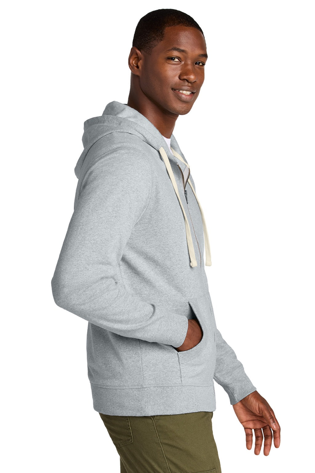 District DT8102 Mens Re-Fleece Full Zip Hooded Sweatshirt Hoodie w/ Pockets Heather Light Grey Model Side