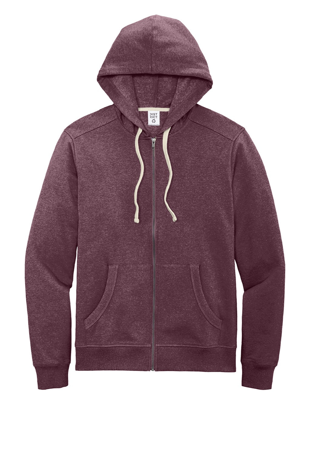 District DT8102 Mens Re-Fleece Full Zip Hooded Sweatshirt Hoodie w/ Pockets Heather Maroon Flat Front