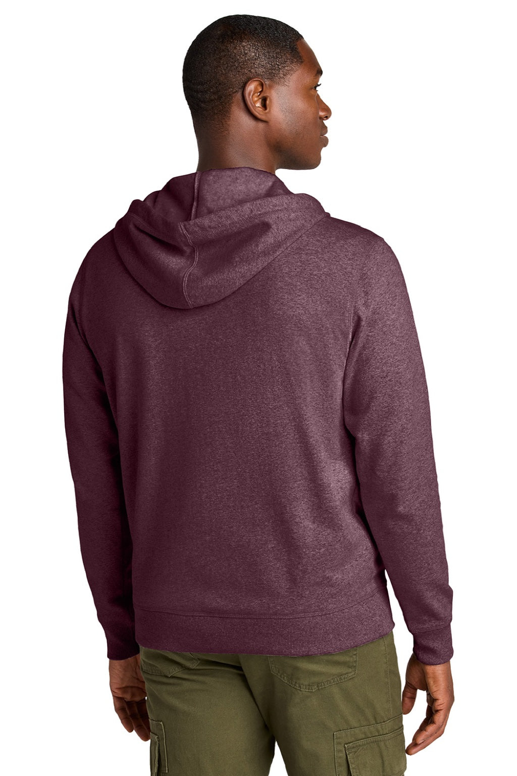 District DT8102 Mens Re-Fleece Full Zip Hooded Sweatshirt Hoodie w/ Pockets Heather Maroon Model Back