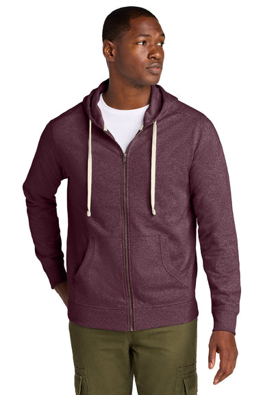 District DT8102 Mens Re-Fleece Full Zip Hooded Sweatshirt Hoodie w/ Pockets Heather Maroon Model Front