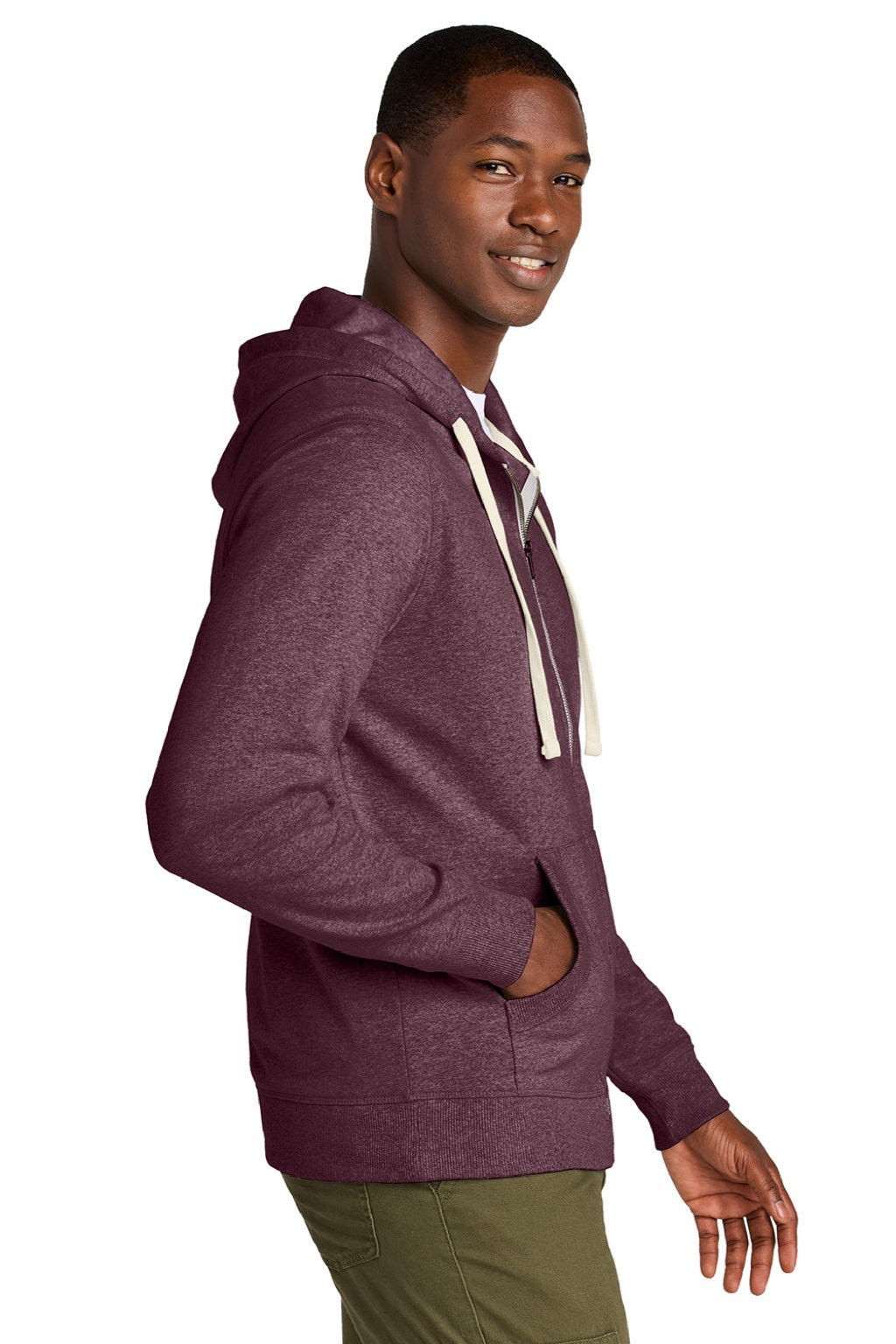 District DT8102 Mens Re-Fleece Full Zip Hooded Sweatshirt Hoodie w/ Pockets Heather Maroon Model Side