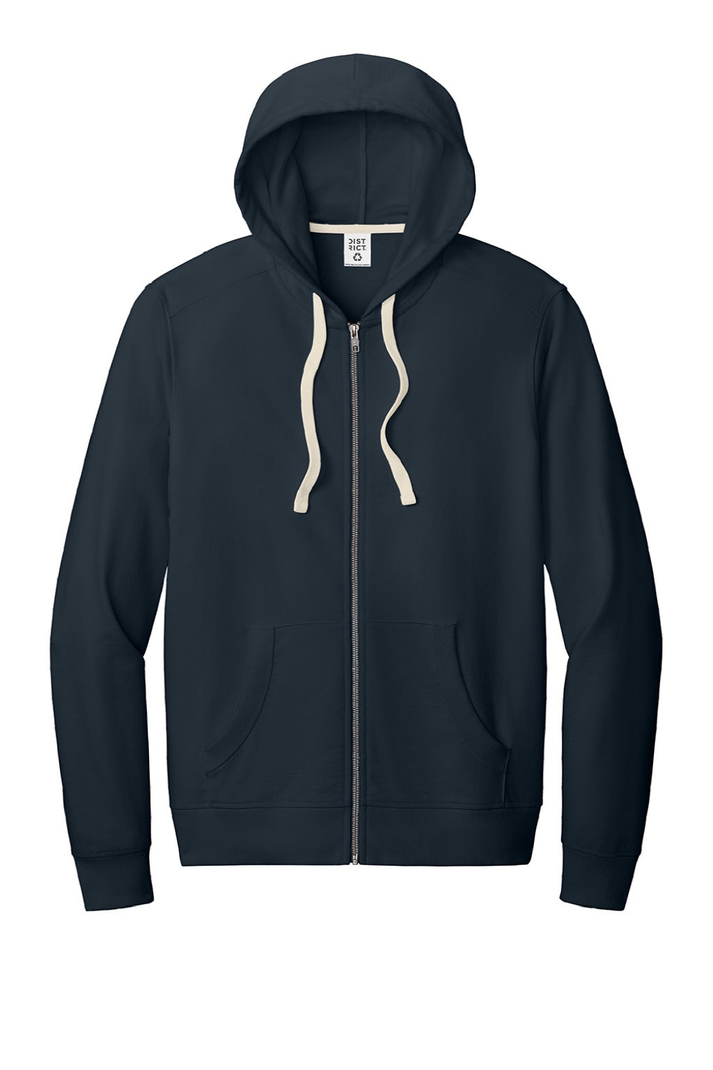 District DT8102 Mens Re-Fleece Full Zip Hooded Sweatshirt Hoodie w/ Pockets True Navy Blue Flat Front