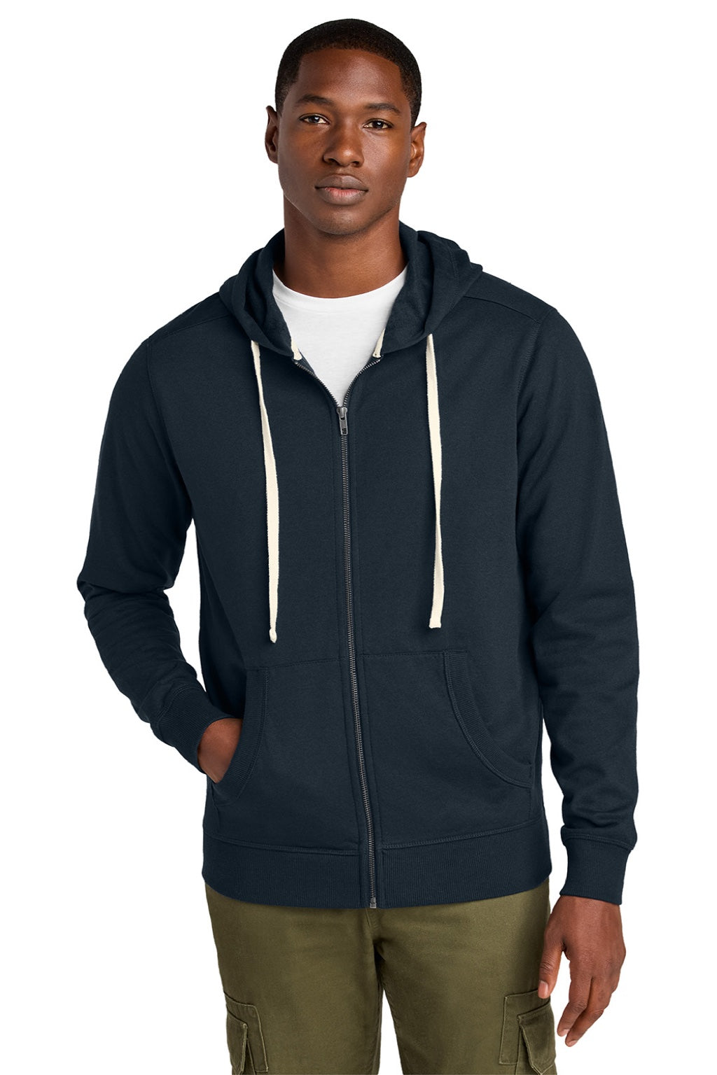 District DT8102 Mens Re-Fleece Full Zip Hooded Sweatshirt Hoodie w/ Pockets True Navy Blue Model Front