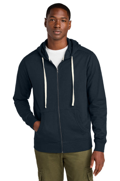 District DT8102 Mens Re-Fleece Full Zip Hooded Sweatshirt Hoodie w/ Pockets True Navy Blue Model Front