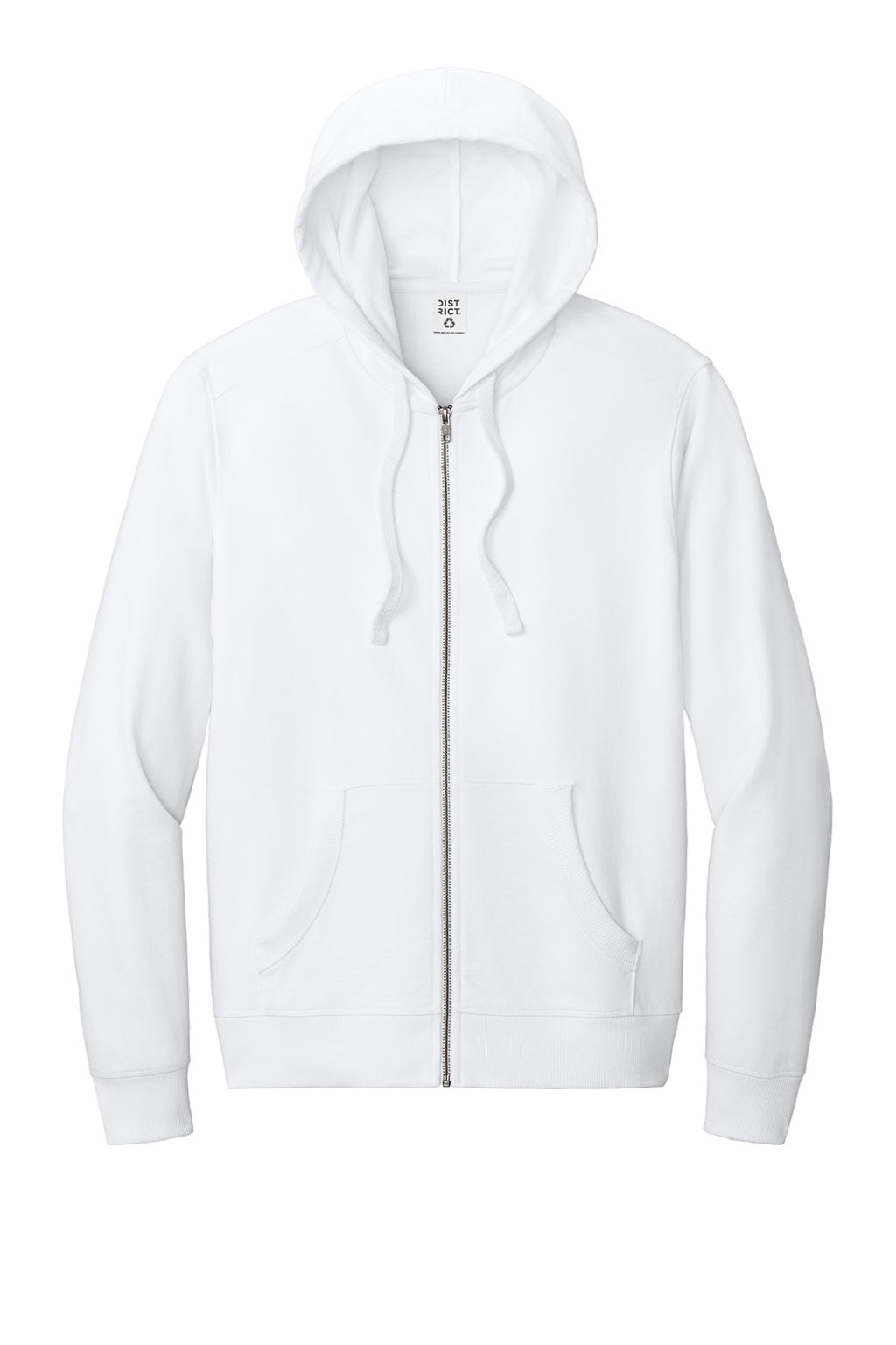 District DT8102 Mens Re-Fleece Full Zip Hooded Sweatshirt Hoodie w/ Pockets White Flat Front