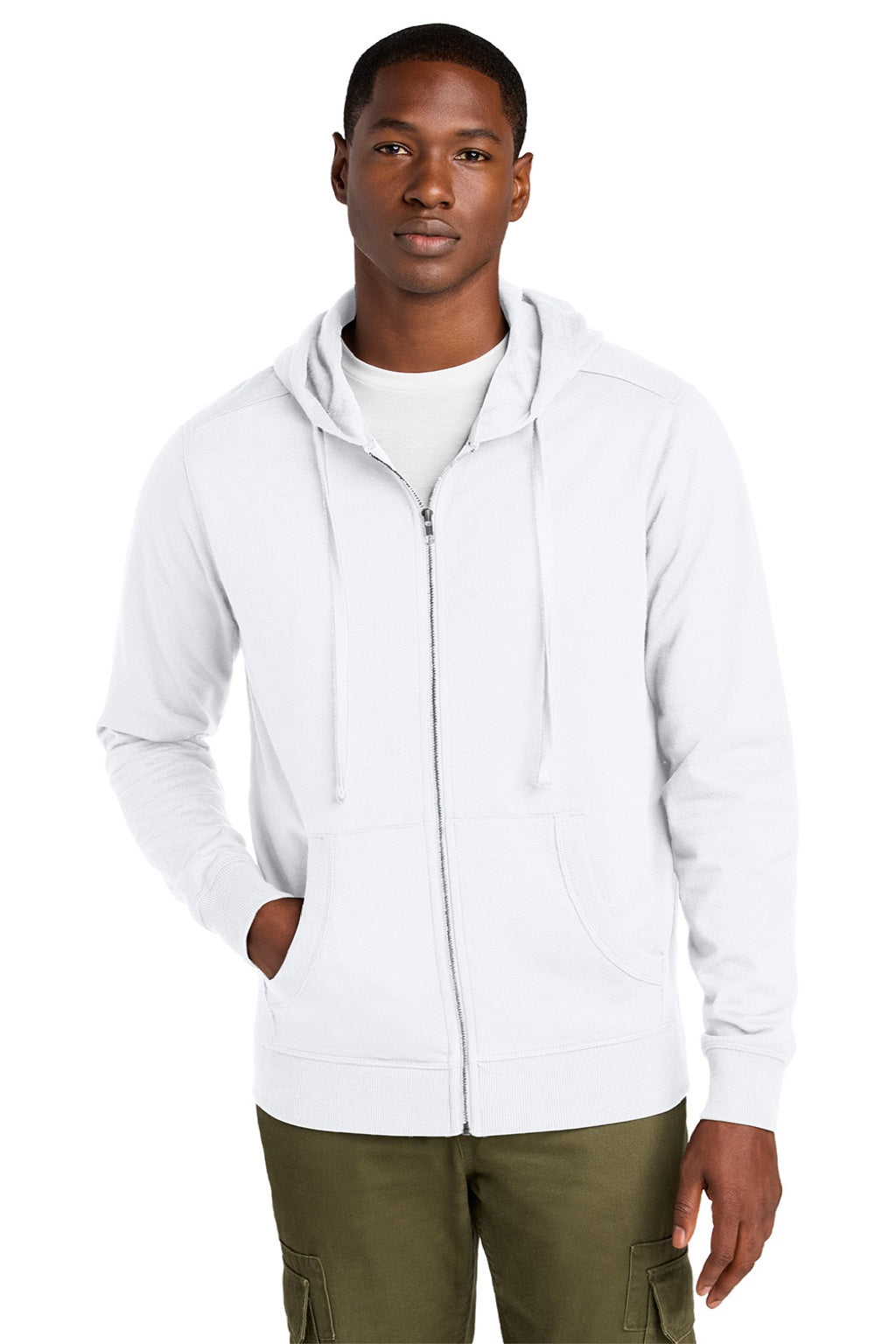 District DT8102 Mens Re-Fleece Full Zip Hooded Sweatshirt Hoodie w/ Pockets White Model Front