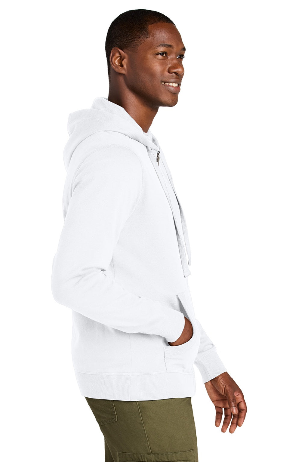 District DT8102 Mens Re-Fleece Full Zip Hooded Sweatshirt Hoodie w/ Pockets White Model Side