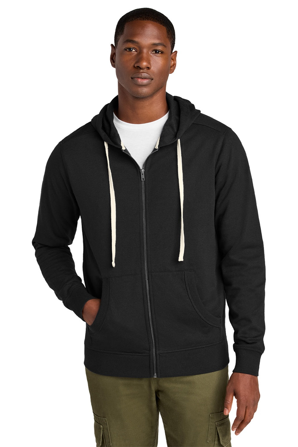 District DT8102 Mens Re-Fleece Full Zip Hooded Sweatshirt Hoodie w/ Pockets Black Model Front