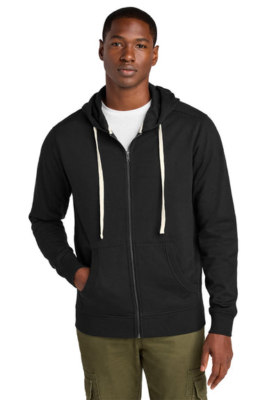District DT8102 Mens Re-Fleece Full Zip Hooded Sweatshirt Hoodie w/ Pockets Black Model Front
