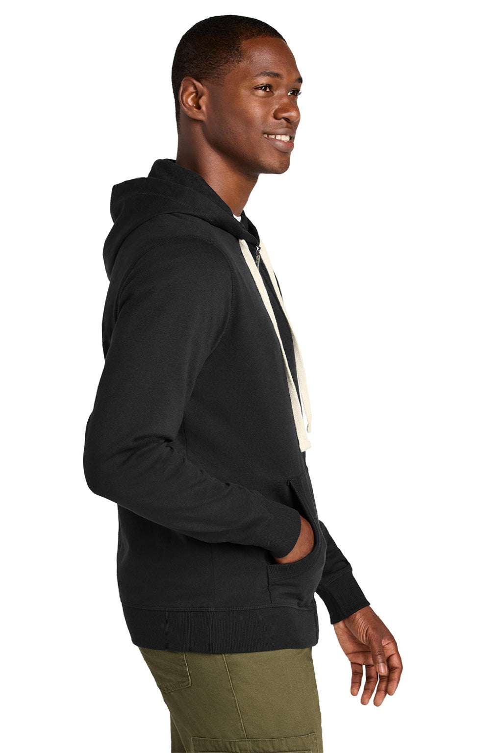 District DT8102 Mens Re-Fleece Full Zip Hooded Sweatshirt Hoodie w/ Pockets Black Model Side