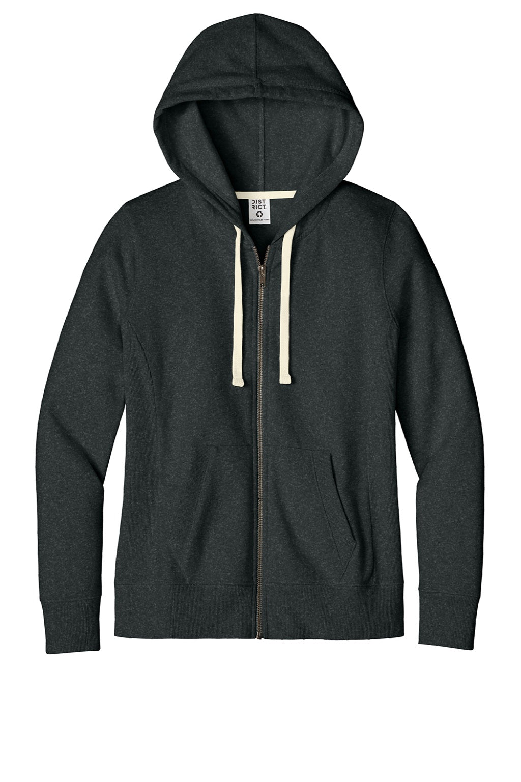 District DT8103 Womens Re-Fleece Full Zip Hooded Sweatshirt Hoodie w/ Pockets Heather Charcoal Grey Flat Front