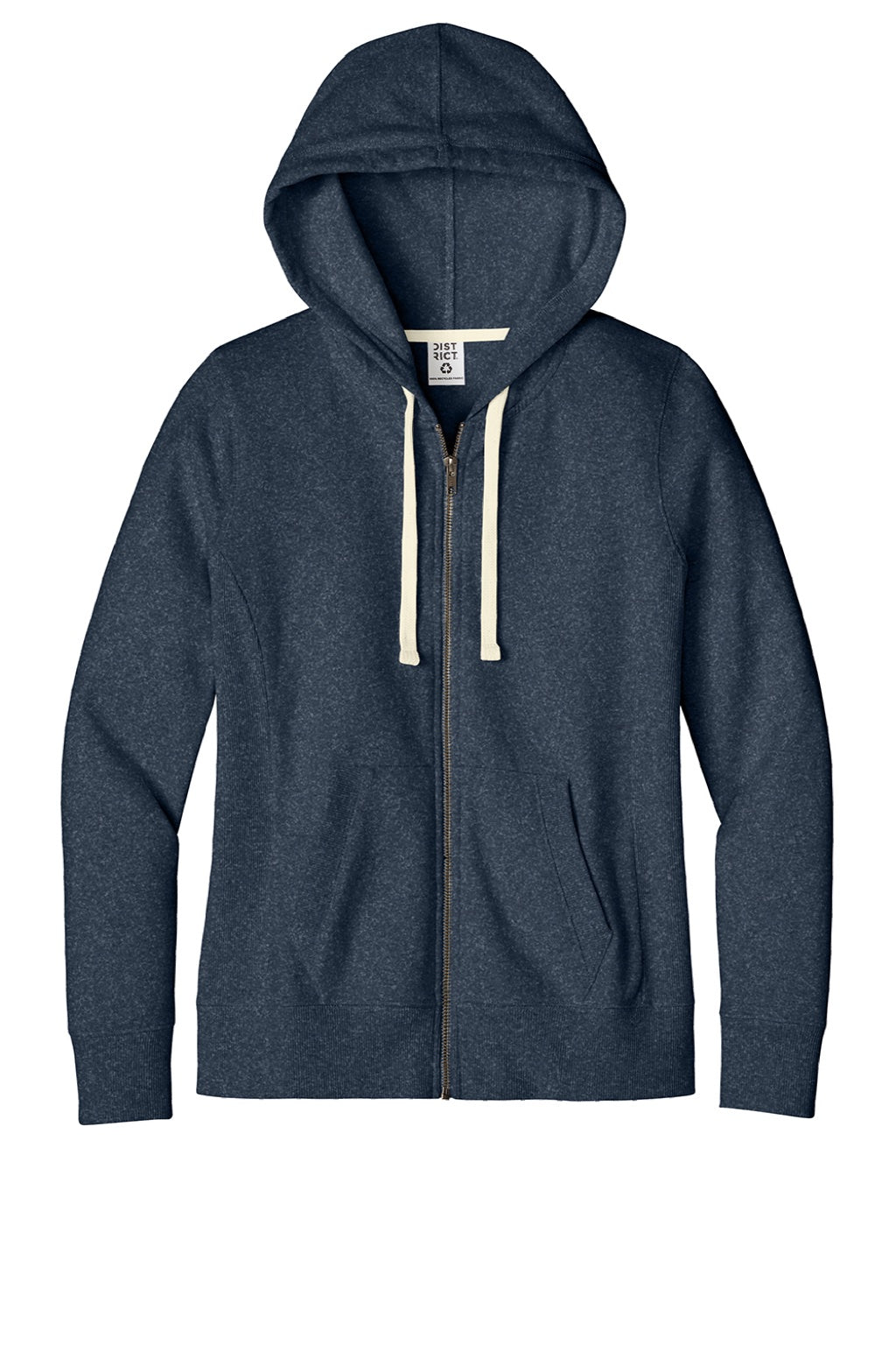 District DT8103 Womens Re-Fleece Full Zip Hooded Sweatshirt Hoodie w/ Pockets Heather Navy Blue Flat Front