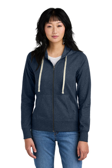 District DT8103 Womens Re-Fleece Full Zip Hooded Sweatshirt Hoodie w/ Pockets Heather Navy Blue Model Front