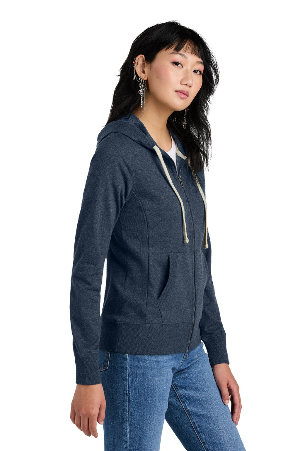 District DT8103 Womens Re-Fleece Full Zip Hooded Sweatshirt Hoodie w/ Pockets Heather Navy Blue Model Side