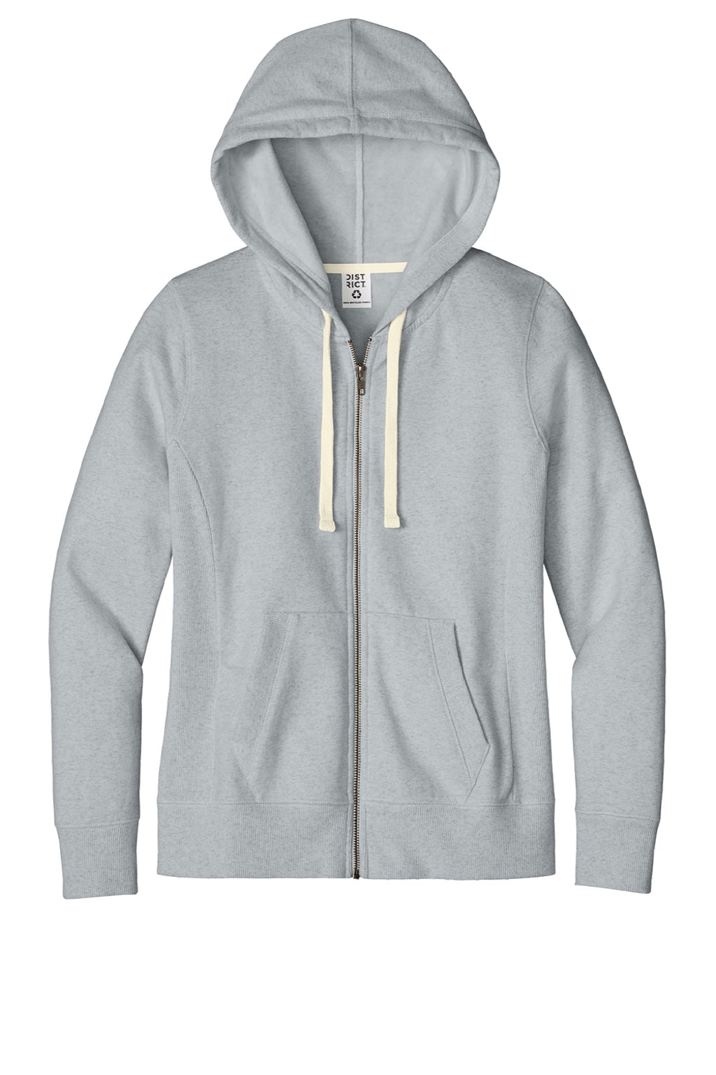 District DT8103 Womens Re-Fleece Full Zip Hooded Sweatshirt Hoodie w/ Pockets Heather Light Grey Flat Front