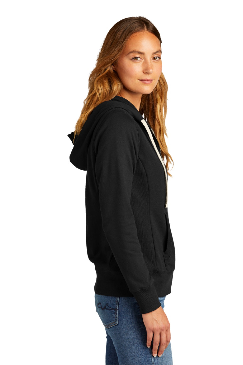 District DT8103 Womens Re-Fleece Full Zip Hooded Sweatshirt Hoodie w/ Pockets Black Model Side
